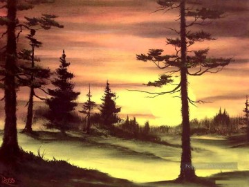  ross - arbres à feuilles persistantes au coucher du soleil Bob Ross freehand paysages